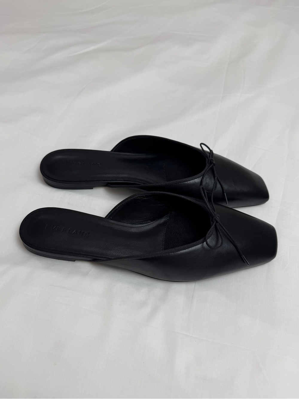 Everlane Black Leather Ballet Mule Flats Size 9 Minimalist Square Toe Bow - Picture 11 of 13